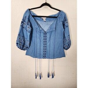 HWA Apparel Womens Top S Cotton Chambray Blue Embroidered Off Shoulder Peasant